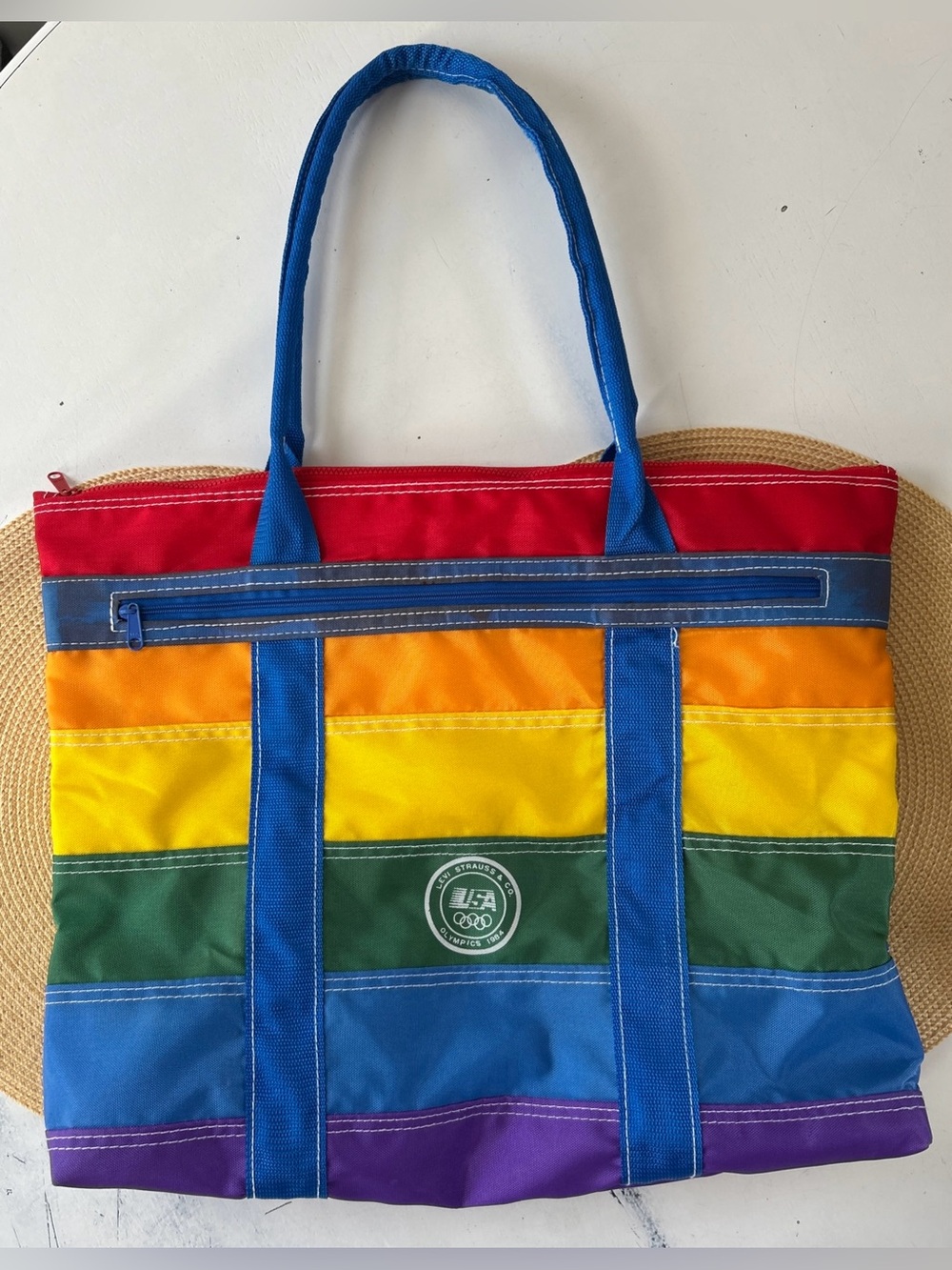 VTG LEVI STRAUSS Rainbow Stripes 1984 USA OLYMPICS Nylon Zip Tote Bag Pride